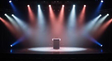 A collection of spotlights illuminating a stage, scene, and podium with bright, focused beams, creating a lens flare effect from lamps or stage lights.
