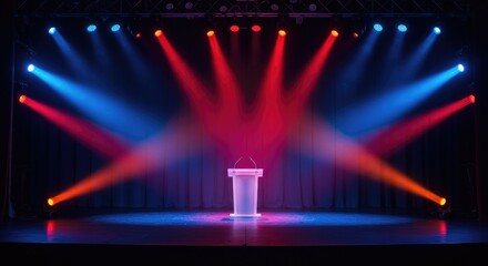 A collection of spotlights illuminating a stage, scene, and podium with bright, focused beams, creating a lens flare effect from lamps or stage lights.
