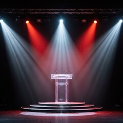 A collection of spotlights illuminating a stage, scene, and podium with bright, focused beams, creating a lens flare effect from lamps or stage lights.
