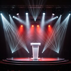 A collection of spotlights illuminating a stage, scene, and podium with bright, focused beams, creating a lens flare effect from lamps or stage lights.
