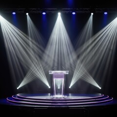 A collection of spotlights illuminating a stage, scene, and podium with bright, focused beams, creating a lens flare effect from lamps or stage lights.
