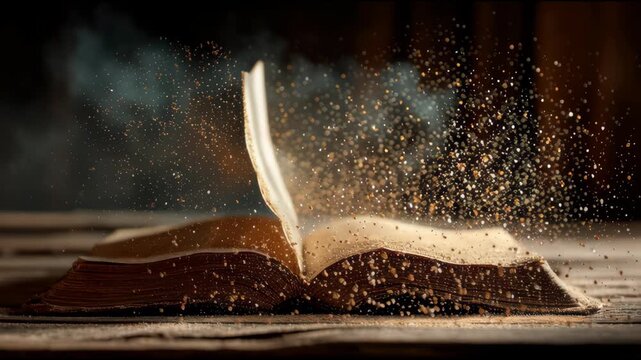 Ephemeral Chapters: An open bible releases a cloud of dust, its pages gracefully torn, suggesting the end of a chapter. The image captures a moment of transition, the closing of a story.