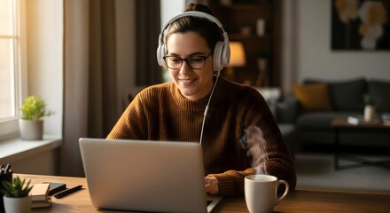 Happy Young Woman Working Remotely on Laptop with Headphones