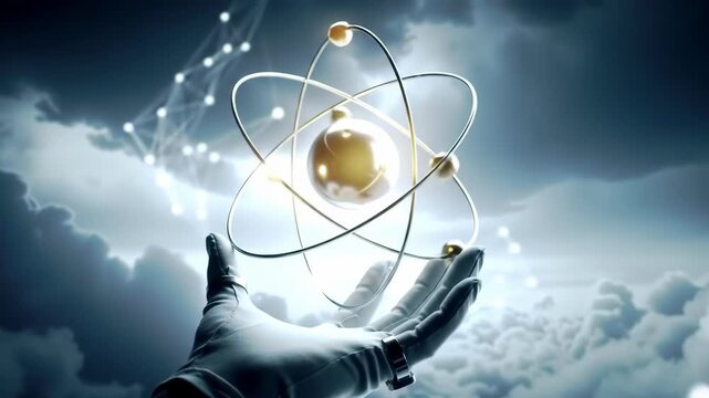 Hand in White Glove Holding Atomic Structure Against Cloudy Sky