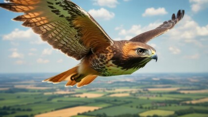 Fototapeta premium Red-tailed hawk in flight over a pastoral landscape