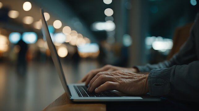 Business Traveler Working on Laptop in Airport Lounge, Productive Waiting Time Before Flight