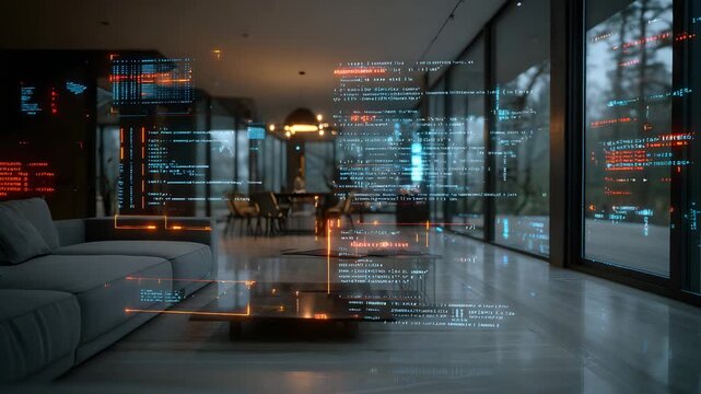 Futuristic living room displaying dynamic code overlays, creating a modern, tech-forward atmosphere ideal for innovation and technology concepts - Powered by Adobe