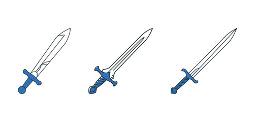 Set of Minimalist Medieval Swords Line Art with Blue Color Accent, Hand Drawn Weapon Illustration