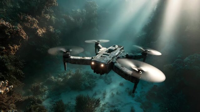 Underwater drone exploring vibrant coral reef with sunlight streaming through turquoise water, perfect for oceanography and marine life research footage
