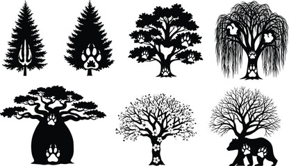 Wildlife tree silhouette vector illustration, animal paw print and squirrel artwork, decorative forest design, symbolic nature connection, abstract botanical artwork for ecology and conservation
