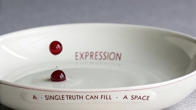 Single red droplets falling into white bowl with inscription