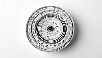 Top Down View Of A Rolled Up Measuring Tape With Black Numbers And Lines On White Background Soft Natural Lighting