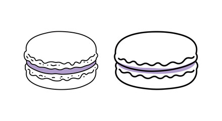 Continuous line art drawing of two French macarons with light purple filling, sweet dessert and bakery doodle vector illustration.