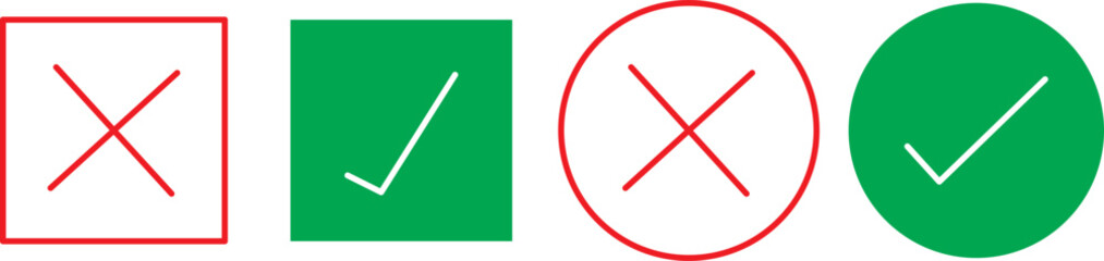 Green Tick Mark Icon. Green Right or Red wrong icons. Green tick and red cross checkmarks in circle flat icons. 