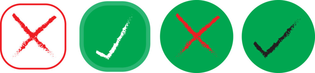 Green Tick Mark Icon. Green Right or Red wrong icons. Green tick and red cross checkmarks in circle flat icons. 