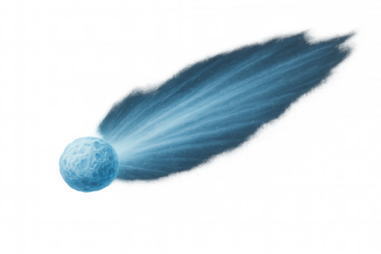 Comet or meteor flying through space with a glowing blue tail, cold frozen ice celestial body, transparent background