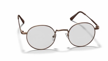 Round, thin-rimmed metallic eyeglasses with clear lenses and brown temples, casting a shadow