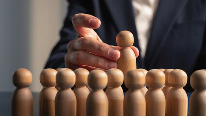 Business leader hand selecting a wooden peg doll from a line for team building hiring strategy and leadership concept