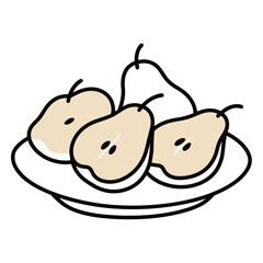 Hand-drawn line art drawing of pears cut in half on a plate with beige accents, fresh fruit, food, and minimalist vector illustration.
