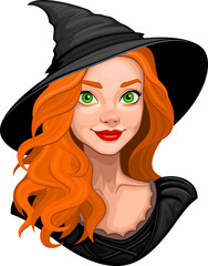 Vector illustration of a pretty red-haired witch in a black hat.