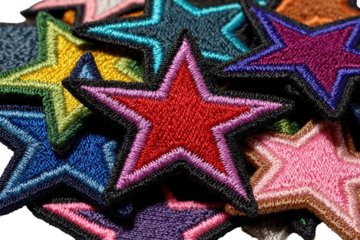 Embroidered star patches of many colors, piled and overlapping