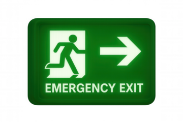 Illuminating emergency exit sign with running man symbol and arrow pointing right, indicating safety escape route