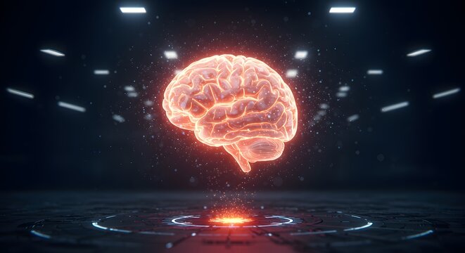 A glowing digital brain floating in a holographic grid, symbolizing artificial intelligence.