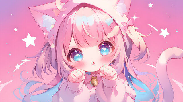 cute anime girl wearing pastel cat costume