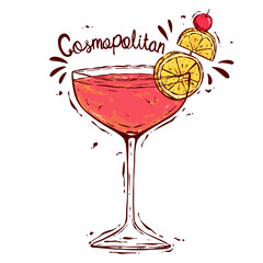 Cosmopolitan Cocktail with Lemon and Cherry Garnish in Colorful Hand-Drawn Style