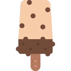 A light brown popsicle with dark brown chocolate chips and a dark brown chocolate coating on a wooden stick set against a transparent background representing a frozen dessert.