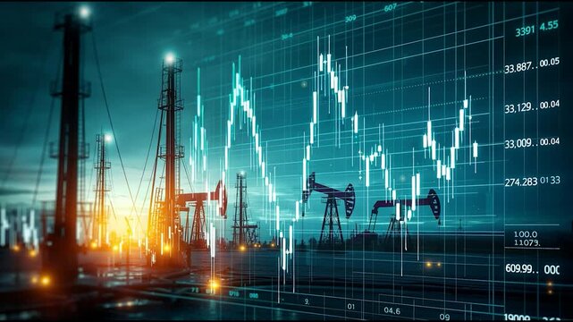 Oil rigs and pump jacks with digital financial chart overlay, concept of crude oil prices, energy production and global market trends  