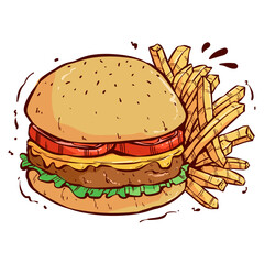 Delicious Burger with Cheese and French Fries in Colorful Hand-Drawn Style