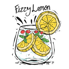 Fizzy Lemon Alcohol Drink in Colorful Hand-Drawn Style