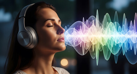 Serene woman wearing headphones with colorful sound waves emanating, symbolizing immersive audio experience, music therapy, and mental relaxation.