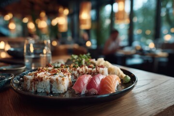 Assorted sushi platter with nigiri and rolls served on dark ceramic plate in elegant modern restaurant, featuring warm lighting and refined Japanese dining atmosphere with focus on freshness