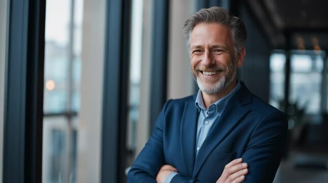 Happy middle aged business man ceo standing in office arms crossed. Smiling mature confident professional executive manager, proud lawyer, businessman leader wearing blue suit