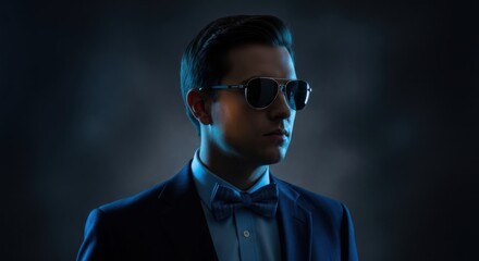 Obraz premium Mysterious man in a stylish suit and sunglasses with dramatic blue lighting