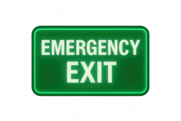 Green emergency exit safety sign with glowing text, indicating escape route and urgent direction on transparent background