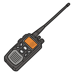 A dark gray or black walkie-talkie (two-way radio). It is shown with a long antenna, an orange/amber display screen, a speaker grille, and various control buttons. The style is simple, bold.