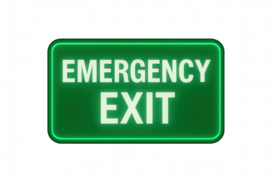 Green emergency exit safety sign with glowing text, indicating escape route and urgent direction on transparent background