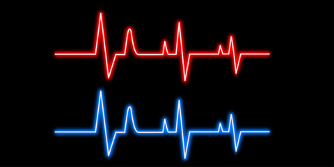 Neon glowing heartbeat vector icons set, ECG line, EKG, pulse, medical rhythm, vital signs, red and blue digital design illustration on dark background.