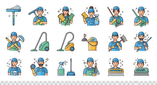 A collection of cleaning service icons featuring cleaning tools and diverse cleaning staff in uniform, showcasing various cleaning activities and equipment.