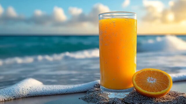 Refreshing Orange Juice by the Beach - A Tropical Escape.