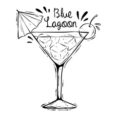 Hand-Drawn Blue Lagoon Cocktail Illustration with Umbrella and Cherry Garnish © padmasanjaya