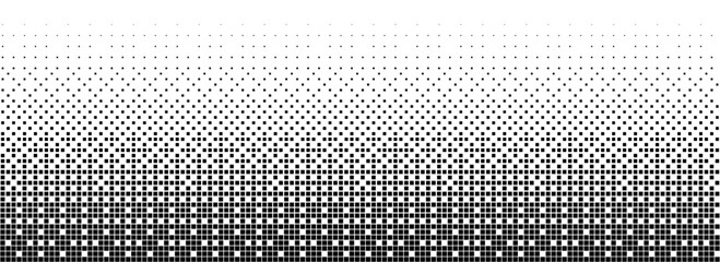 Binary halftone texture background. Square dot faded gradation wallpaper. Black and white squared pixels. Abstract glitchy 8 bit video game backdrop. Vector comic bitmap dither screen tone overlay