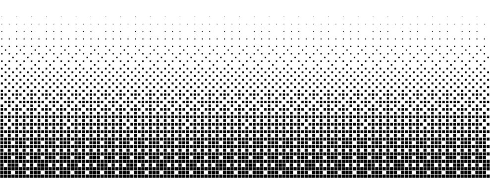 Binary halftone texture background. Square dot faded gradation wallpaper. Black and white squared pixels. Abstract glitchy 8 bit video game backdrop. Vector comic bitmap dither screen tone overlay