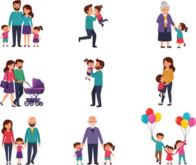 Fototapeta premium Diverse family scenes depicting parents with children grandparents and babies enjoying life together
