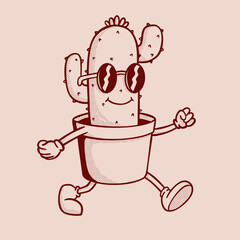 Retro cartoon cactus wearing sunglasses and walking in vintage style. The design features a vintage aesthetic, perfect for use in t-shirt prints, stickers, posters, and retro-themed graphic projects