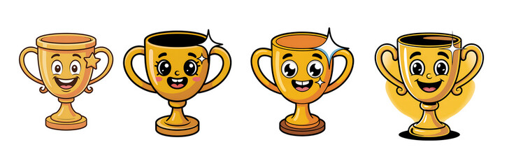 Happy gold trophy Cartoon Illustration - Friendship, Teamwork, and Collaboration Concept