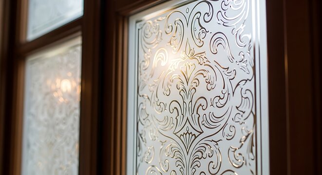 Intricate frosted glass window with ornate scrolling pattern, offering privacy and elegant decor.